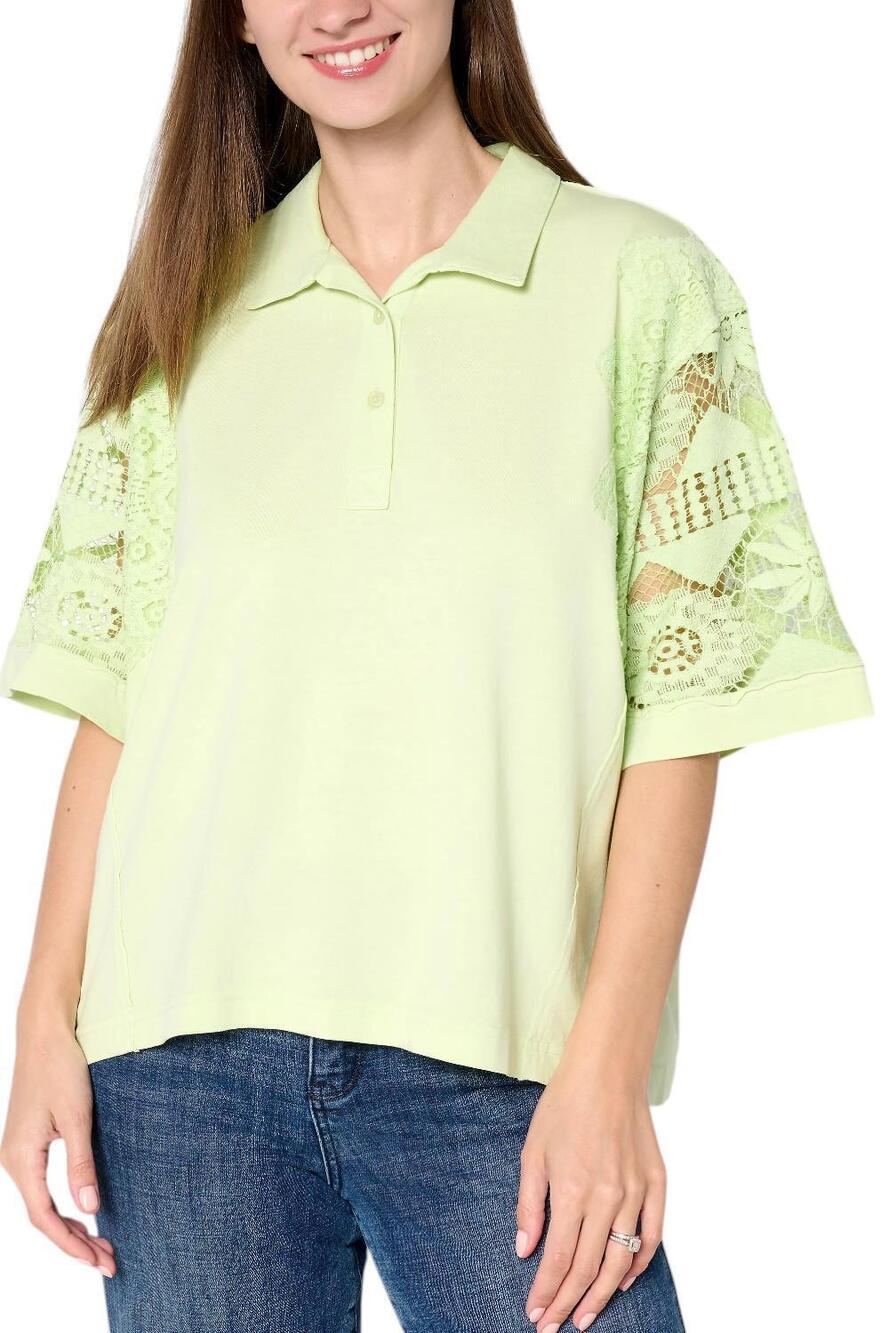 LOGO Lavish by Lori Goldstein Women's Cotton Polo Top w Lace Seedling - Regular